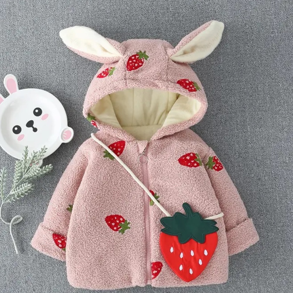 3T Strawberry Long Sleeve Hooded Fleece Coat.